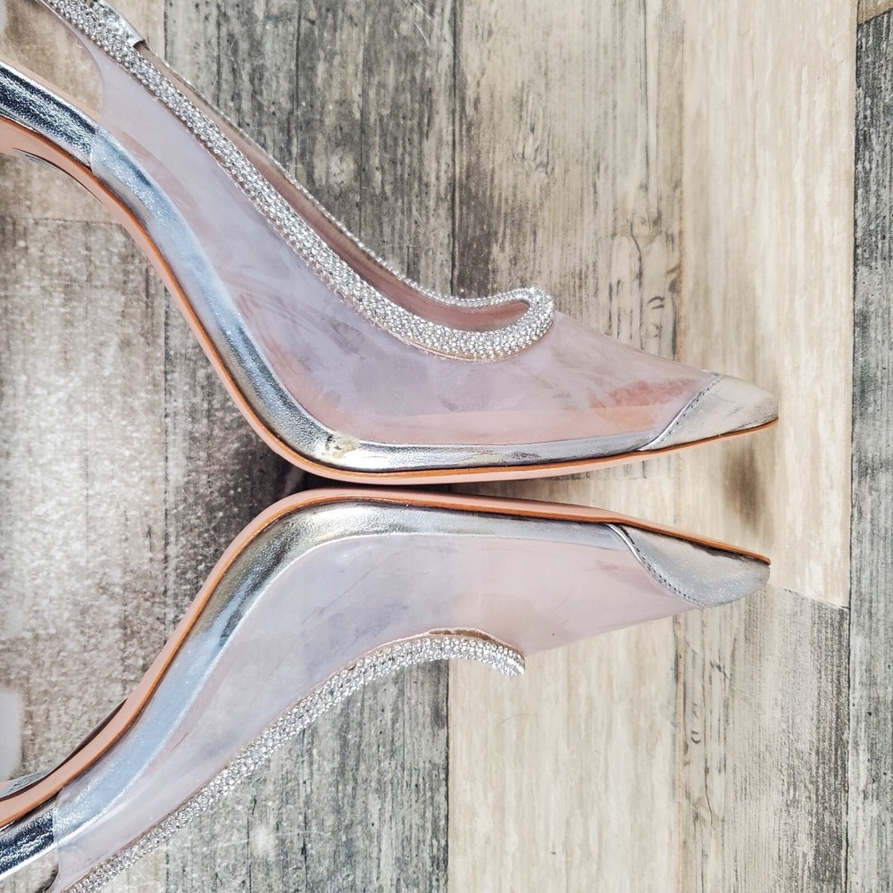 Schutz Audrey Womens Pumps Sz 7.5 B Silver Cristal Leather Slingback High Heels - Picture 9 of 13